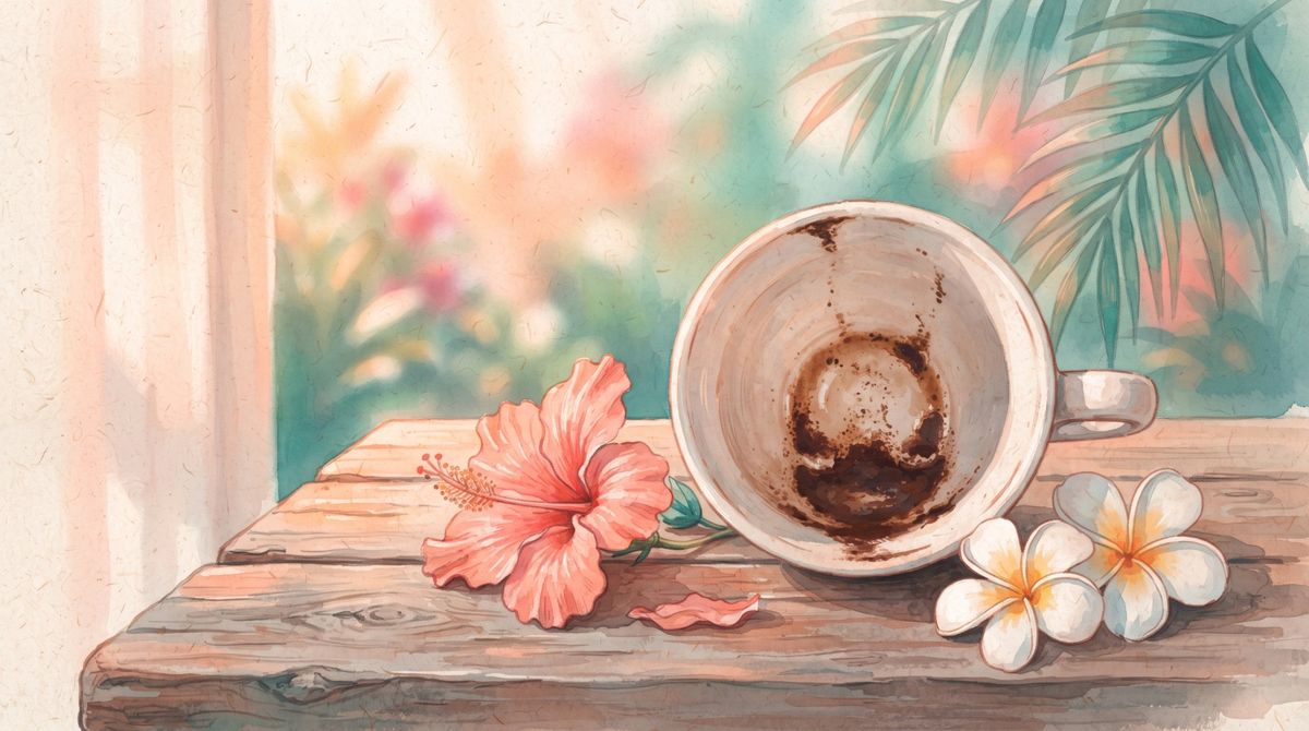 Taza de café vacía con el poso en el fondo, junto a un hibisco y dos flores de plumeria